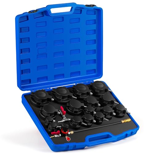 19Pcs Turbo System Leakage Tester Kit,Turbo Boost Leak Tester Turbocharger Air Pressure Guage Cooling System Intercoolers Radiators Hose Leak Tester with 8 Pairs of Stepped Adapters 1-1/4” to 4-3/8"
