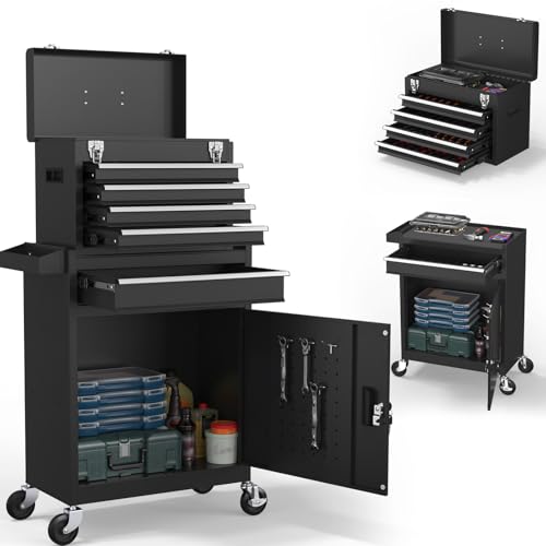 5-Drawers Tool Chest, 2-in-1 Rolling Tool Box with Wheels and Drawers, Detachable Storage Toolbox with Lock, Heavy-Duty Metal Tool Cart for Garage, Workshop (Black) - color: Black