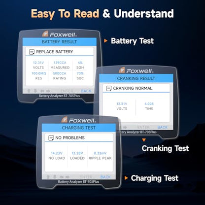 FOXWELL BT705 Plus Car Battery Tester 24V 12V Load Tester, 100-2000CCA Automotive Starter Alternator Tester, Digital Cranking Charging System Tester for Car Truck Marine Heavy Duty, Upgraded BT705