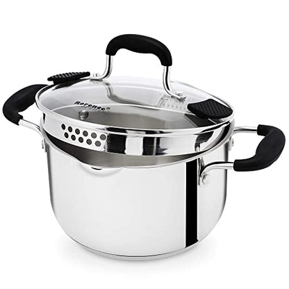 Rorence Stainless Steel Stock Pot with Pour Spout & Silicone Handles & Glass Lid with Strainer - 3.7 Quart - size: 3.7 quart