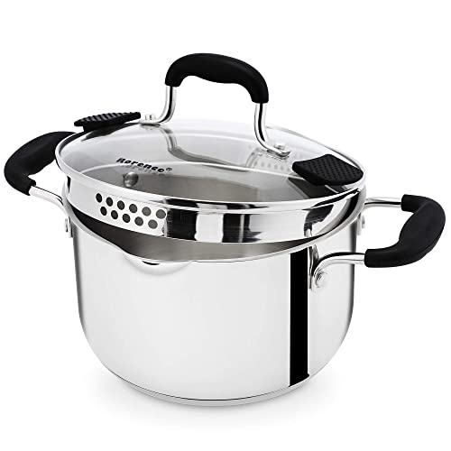 Rorence Stainless Steel Stock Pot with Pour Spout & Silicone Handles & Glass Lid with Strainer - 3.7 Quart - size: 3.7 quart