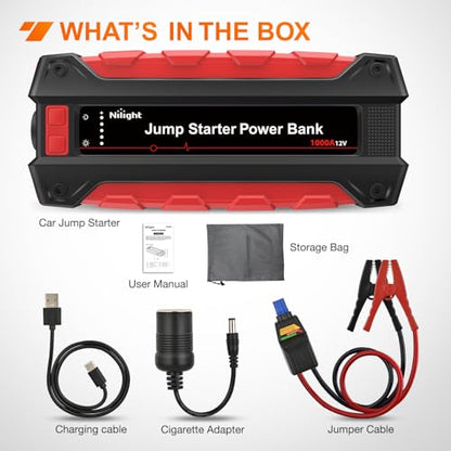 Nilight 1000A Car Battery Jump Starter for Up to 6.0L Gas & 4.0L Diesel Engines 12V Portable Jump Start Booster Pack Jump Box with Jumper Cables DC Output and LED Light - color: 1000A