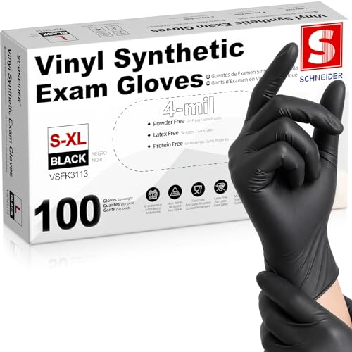 Schneider Vinyl Synthetic Exam Gloves, 4 Mil, Latex Free Disposable Gloves for Medical, Cooking, Cleaning, and Food Prep - color: 02 Black(medium 100)