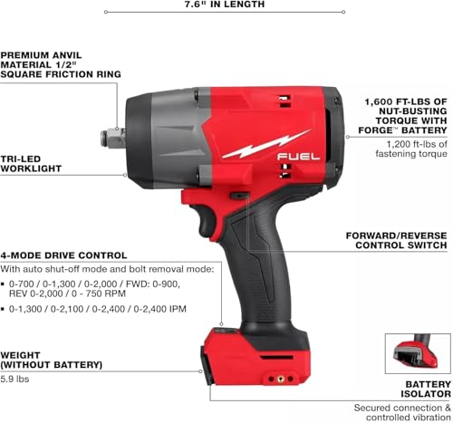 2967-20 for Milwaukee M18 FUEL 1/2" High Torque Impact Wrench w/Friction Ring Length 7.6 in Height 9.35 in Width 3.13 in