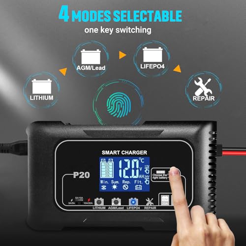 Car Battery Charger, 12V/24V 0-20A Lead-Acid, Lithium, LiFePo4 Smart Battery Charger, Trickle Charger, Fully Automatic Chargers and Maintainer for Car, Motorcycle, Lawn Mower