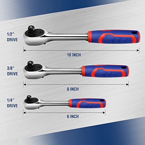 WORKPRO 3-Piece Ratchet Set, 1/4", 3/8", 1/2" Drive Ratchet Wrench | Quick-Release Reversible, 72-Tooth, Chrome Alloy Made - size: 3-Piece Set: 1/4", 3/8", 1/2"