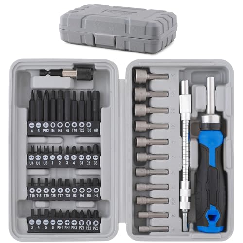 Apollo Tools 54-Piece Screwdriver & Nut Driver Bit Set – Ratcheting Handle, Flexible Extension, Metric Nut Drivers, Specialty Bits for Household, Automotive, & Appliance Repairs, Blue/Gray DT9025