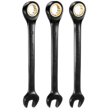 HARFINGTON 3Pcs Ratcheting Wrench Set 15-17mm Metric Open End Wrench 72-Teeth CR-V Steel 12 Point Nickel Plated Combination Ratchet Wrench for Fasteners Nut Bolt - size: 15mm/16mm/17mm