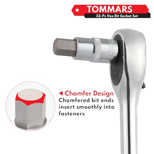 TOMMARS 32-PC Master Allen Hex Bit Socket Set, SAE & Metric | 1/4", 3/8", 1/2" Drive, 5/64 - 3/4 & H2 - H19, S2 Steel - style: Hex Bit Socket Set(32PCS)