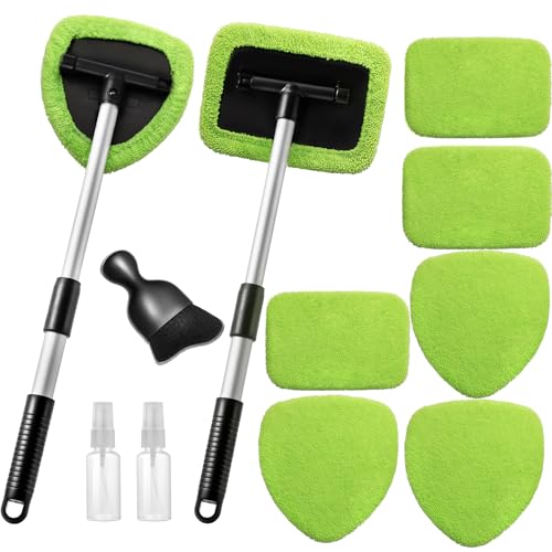 Qydipclin 11pcs Windshield Cleaner Tool, Car Window Cleaning Wash Kit with 6 Reusable Microfiber Pads 2 Spray Bottles and Extendable Handles Auto Glass Wiper Kit, Green - color: Green