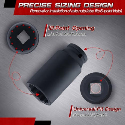 Feekoon Axle Nut Impact Socket, 30mm, 12 Point, 1/2 Inch Drive, CR MO, Spindle Nut Socket for Removing Axle Shaft Nuts, Universal Fit Nuts Remover, Deep Well Hub Release Tool for Impact Wrench