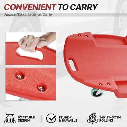 Mechanic Creeper 47 Inch, Low Profile Under Car Rolling Creeper with Padded Headrest and Tool Trays, 300 LBS Capacity, Ergonomic Body Design, Red