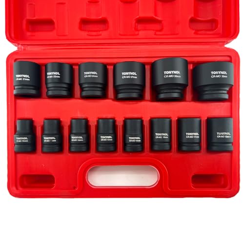 TONYNOL 1/2 Inch Shollw Drive Impact Socket Set,6-Point,Metric (10mm-32mm),14 Pcs,Cr-Mo Steel,With a Storage Case - size: 1/2" 14PC Shallow Metric (10-32mm), style: 6-Points
