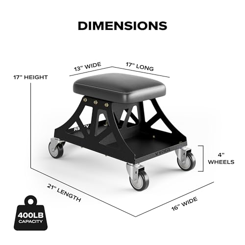 Vyper Low Pro Garage Stool with Removable Seat for Mechanics, Black Frame | Robust steel garage stool with 400 lb capacity, large industrial casters, foam seat, tool tray, and red frame for auto or DIY - color: Black Seat, Black Frame