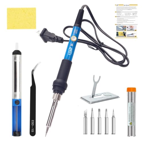 LDK Soldering Iron Kit Electronics, [Upgraded] Full Set 60W 110V Adjustable Temperature Welding Tool, Soldering Pen with 5pcs Different Tips, Stand, Tweezers, Sponge, Flux Pen, Solder Wire - color: 60w 12-in-1