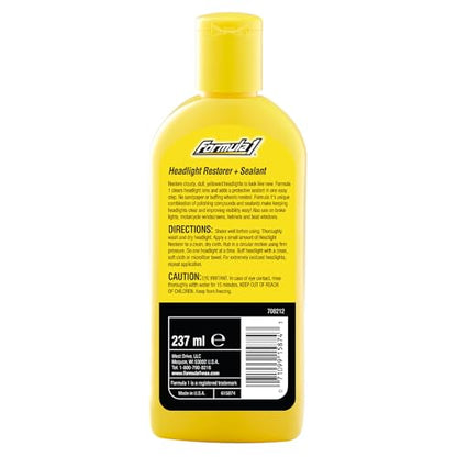 Formula 1 Headlight Restorer & Sealant – One Step Polish to Clean & Renew Yellowed Headlights, Windscreens, or Exterior Plastics (8 oz.)