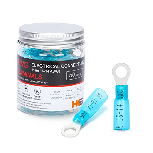 HKS 50 PCS Ring Terminals #10 Blue 16-14 AWG - M5 - Electrical Connectors - Heat Shrink Wire Connector Kit - Tinned Red Copper - Automotive Marine Ring Connectors - Waterproof and Insulated - size: #10 (M5)