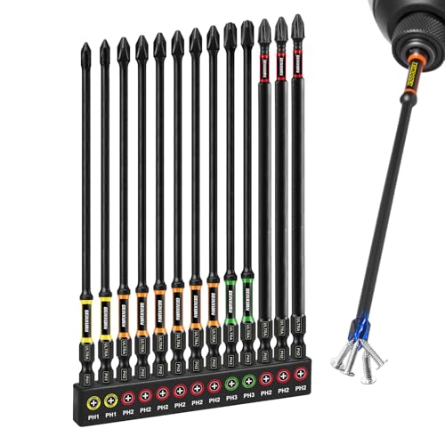 Geinxurn Double Impact #1#2#3 Phillips Screwdriver Bits Set, 13pcs 6” (PH1/PH2/PH3) Magnetic D2 Steel Long Extension Driver Bits Set with Color Coded Base - size: 13pcs-6“-PH