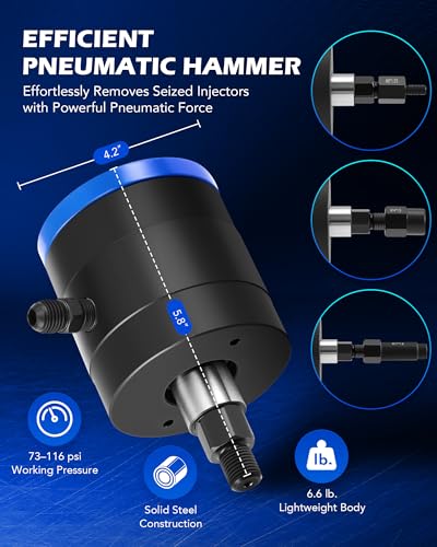 Orion Motor Tech Pneumatic Injector Puller Set for Diesel Engines, 23 pcs 5-8 Bar Air Vibration Injector Removal Tool Kit with Extractor Hammer, 19 Adapters, Extension Hose, and EU US Connectors
