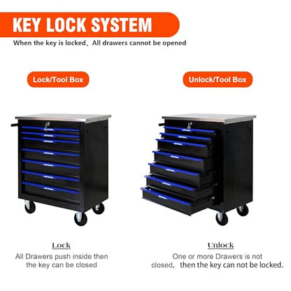 7 Drawer Heavy Duty Rolling Tool Chest, Mobile Metal Lockable Tool Cart with Stainless Steel Worktop, Garage Tool Storage Cabinet for Workshop Auto Repair, Black & Blue, 30.7" H × 25.9" W - size: 7 Drawers