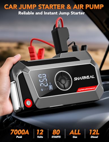 Sharmeal Jump Starter with Air Compressor, 7000A Car Battery Jump Starter (All Gas /12.0L Diesel), 200PSI Jump Starter Power Pack Portable 12V Jump Box with Jumper Cables, LED Light - color: Grey-7000A+ Air Compressor