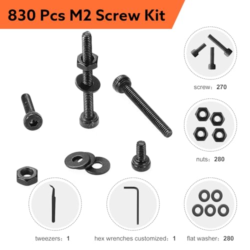 830 Pcs M2 Screws Kit Metric Bolts Kit M2*4mm/6mm/8mm/10mm/12mm/16mm/20mm Machine Screw Kit, 12.9 Alloy Steel Black Zinc Plated Hex Socket Head Screws Nuts Bolts and Washers Set - color: Black, size: M2x4-20mm 830Pcs