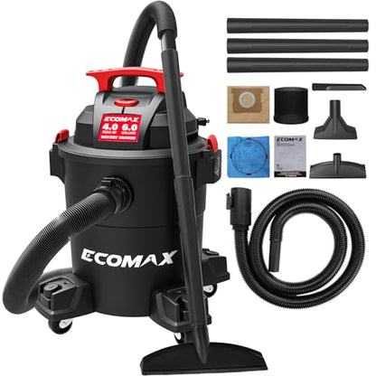 ECOMAX Wet Dry Vacuum 6 Gallon, 4 HP 85 CFM 3-in-1 Shop Vac with Suction/Blow/Wet Dry Function, Heavy-Duty Portable Poly Wet/Dry Vac Car Vacuum for Workshop, Jobsite, Garage and Home Cleaning