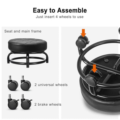 Low Roller Seat Low Height Rolling Stool PU Leather Rolling Stool, Modern Rolling Chair for Home Office Garage Shop
