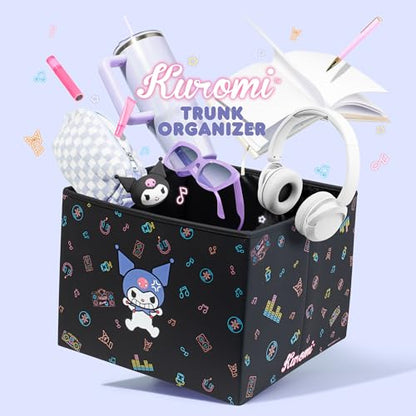Sanrio Kuromi Car Trunk Organizer & Steering Wheel Cover Set – Cute, Non-Slip, Soft Grip Car Accessories for Women – Collapsible Storage Bin for Groceries, Tools & Travel – 12.5"L x 12.5"W x 9"H - style: Set Kuromi