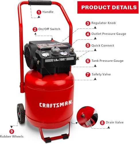 Craftsman Air Compressor 10 Gallon, Peak 1.8 HP, Max 150 PSI, 4.0CFM@90PSI, 5.0 CFM@40PSI, Oil-free, Portable Air Compressor with Wheel, 120V, Model: CMXECXA0331042