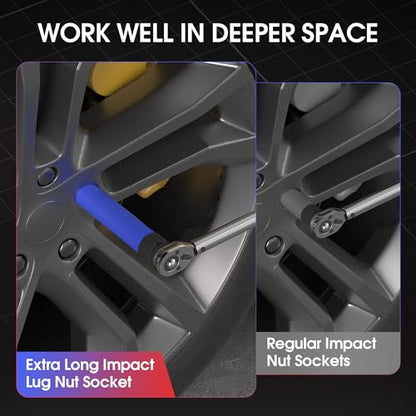 Lug Nut Socket Set, 3PC 1/2" Drive Extra Long Impact Socket | 17/19/21mm, 6" Thin Wall Deep Sockets, Non-Marring Wheel Protector Metric Socket Kit, with Carry Case