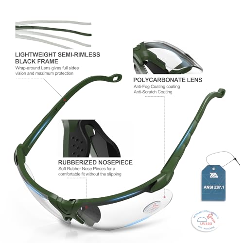 xaegistac Shooting Glasses with Case-Safety Glasses Anti Fog | Z87.1 Certificated Impact Resistance Safety Glasses for Hunting Shooting Sports - color: Clear Lens-green Frame