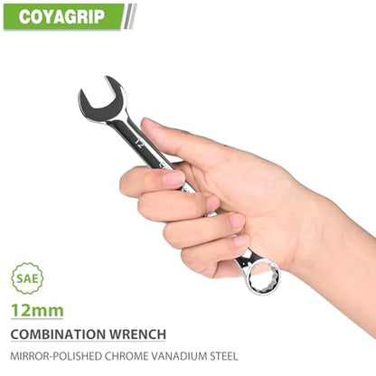 12mm Combination Wrench, Industrial Grade Metric Combination Spanner, CR-V with Mirror Polish, 12-Point Box End, 15-Degree Offset Box End - size: 12mm