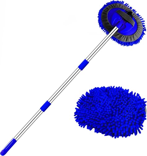 WillingHeart 47.5" Car Wash Brush Mop Cleaning Tool with Long Handle Kit for Washing Detailing Cars Truck, SUV, RV, Trailer, Boat 2 in 1 Chenille Microfiber Sponge Duster Not Hurt Paint Scratch Free - color: Blue