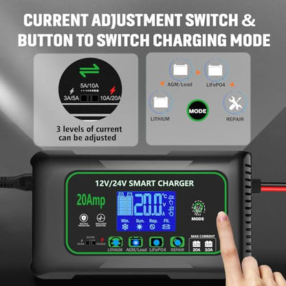 20 Amp Smart Battery Charger, 12V/20A and 24V/10A Car Battery Charger, Trickle & Maintainer Pulse Repair for Lithium, Lifepo4, Lead-Acid (AGM/Gel/SLA), Boat, Motorcycle, Golf Cart, Tractors - color: 20A-green
