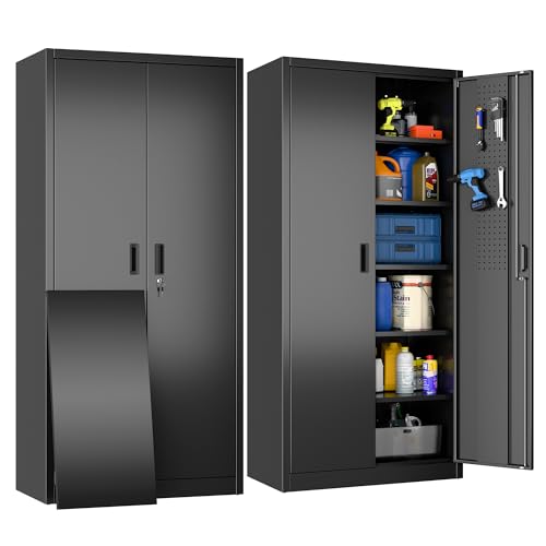 SUXXAN Metal Storage Cabinet with Pegboard 71'' x 34'' x 18'',Lockable Steel Storage Cabinet with 5 Adjustable Shelves and Door for Garage, Office, Kitchen, Assembly Required(Black) - color: Black, size: 18"D x 34.1"W x 71"H