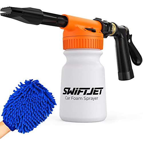 SwiftJet Car Wash Foam Gun + Microfiber Wash Mitt - Foam Cannon Works with Any Soap - Garden Hose Car Foam Sprayer - Car Wash Kit - Car Accessories Foam Blaster (Orange Foam Gun with Mitt) - color: Orange Foam Gun with Mitt