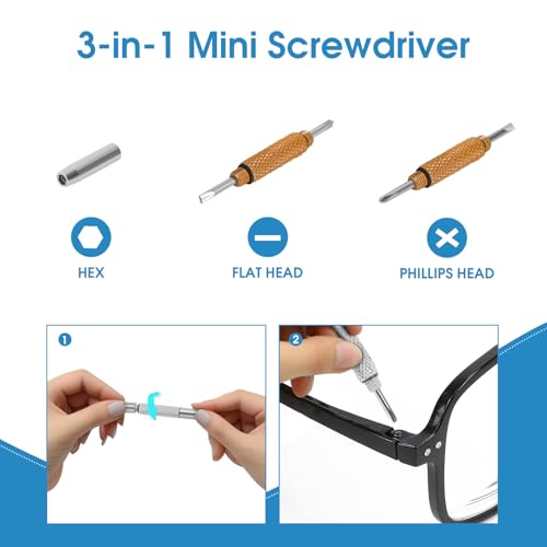 UNEAK - Eyeglass Screwdriver Repair Kit Silver & Yellow Precision 3 in 1 Mini Screwdrivers Set Keychain Glasses, Sunglasses, Sunglass, Watch, Electronics, Eyeglasses, Flat Head, Phillips, Hex - color: Silver Yellow