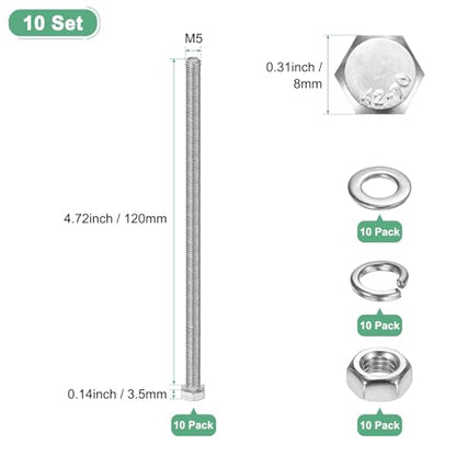 M METERXITY 10-Pack Hex Head Screw Bolt with Nuts Flat & Lock Washers M5x120mm Stainless Steel Bolts and Nuts Kit Fully Threaded Metric Bolt Assortment for Equipment/Machinery - size: M5x120mm