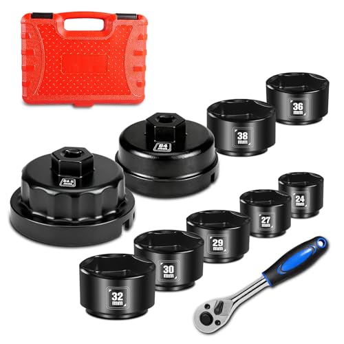 BLACKROBOT 10-Piece 3/8” Drive Oil Filter Socket Wrench Set, Metric Low Profile Oil Filter Sockets with 72-Tooth Ratchet, Oil Filter Cap Remover and Installer Tool Set - size: 24mm-64.5mm