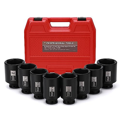 Mayouko 1/2" Drive Spindle Axle Nut Impact Socket Set, CR-MO, 6 Point, 1-9/16",1-5/8",1-11/16",1-3/4",1-13/16",1-7/8",1-15/16",2", SAE, 90mm Length - size: 8PCS:1-9/16" - 2"(Deep)