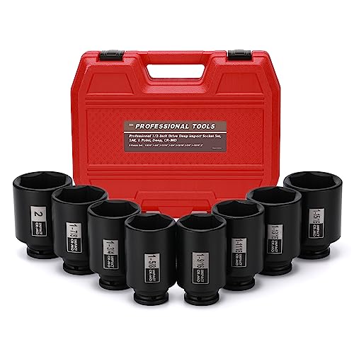 Mayouko 1/2" Drive Spindle Axle Nut Impact Socket Set, CR-MO, 6 Point, 1-9/16",1-5/8",1-11/16",1-3/4",1-13/16",1-7/8",1-15/16",2", SAE, 90mm Length - size: 8PCS:1-9/16" - 2"(Deep)