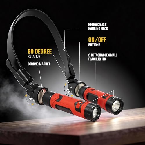 CLAKAP LED Neck Light, 800Lumens Rechargeable Neck Flashlight with Magnetic Base, Detachable Neck Work Light with 2 Small Flashlights, Neck Work Lamp for Repair Mechanics Reading Gift for Men&Women