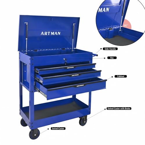 Rolling Tool Chest with Metal Top, 3-Drawer Tool Cart with Wheels, Blue | Ball-Bearing Slides, Powder-Coated Finish, Side Tool Rack, Lockable, Locking Brakes, Ergonomic Push Handle - color: Blue