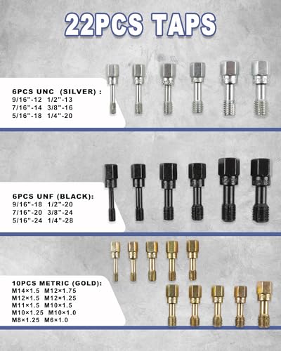 51PCS Thread Restorer Tool, Thread Repair Tool Kit, Thread Files | 22 Taps 24 Dies 3 Thread Files 2 Thread Gauges，Master Thread Rethreading Kit UNC UNF & Metric Thread Chaser Set - size: 51 Thread Repair Set