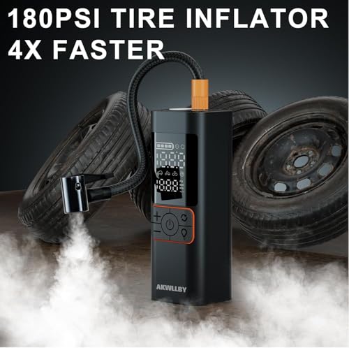 Tire Inflator Portable Air Compressor, 180PSI Air Pump with Dual Digital Pressure Gauge, Fast Inflation 32L/Min, Auto Shut-Off & LED Light, 3*2000mAh Battery Capacity, for Car, Motorcycle, Bike, Ball