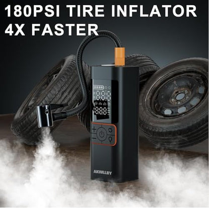 Tire Inflator Portable Air Compressor, 180PSI Air Pump with Dual Digital Pressure Gauge, Fast Inflation 32L/Min, Auto Shut-Off & LED Light, 3*2000mAh Battery Capacity, for Car, Motorcycle, Bike, Ball