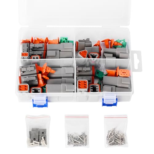 Exqutoo 150Pcs DT Deutsch Connector Kit, 2 3 4 6 Pin Waterproof DT Series Connector Assortment | Automotive Repair Accessory Kit, Wedge Locks, Seal Plugs, Size 16 Stamped Contacts 14-18AWG - size: 150Pcs