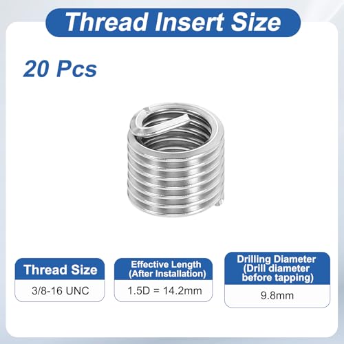 PATIKIL Wire Thread Inserts 3/8-16 UNC 1.5D 14.2mm, 20Pcs 304 Stainless Steel Helical Coiled Wire Screw Threaded Sleeve Sheath for Mechanical Equipment Automotive Repairs - size: 3/8-16 UNC, 14.2mm
