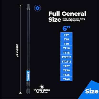 Toolant 6" Impact Long Torx Bit Set 13pcs (TT7-TT40), 1/4 Hex-Shank S2 Steel Security Torx With CNC Machined Tips, Tamper Proof Star, Magnetic Impact Holder and Storage Box - size: 13pcs*6"